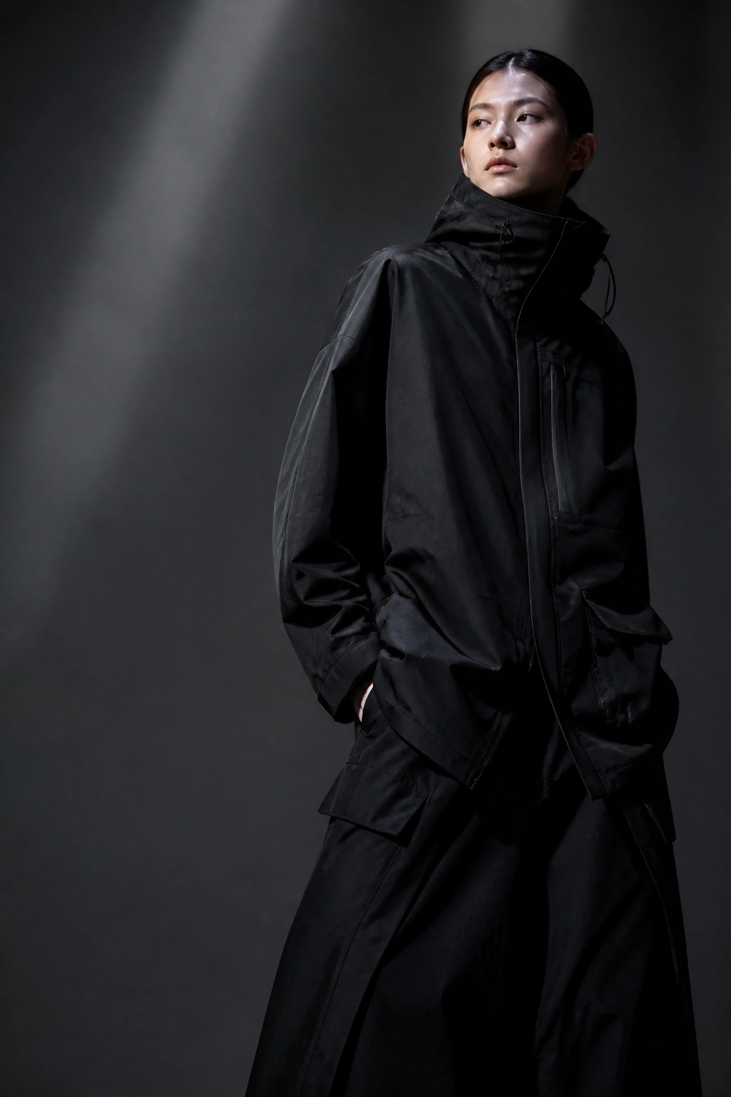 Sculptural high-collar black shell editorial look