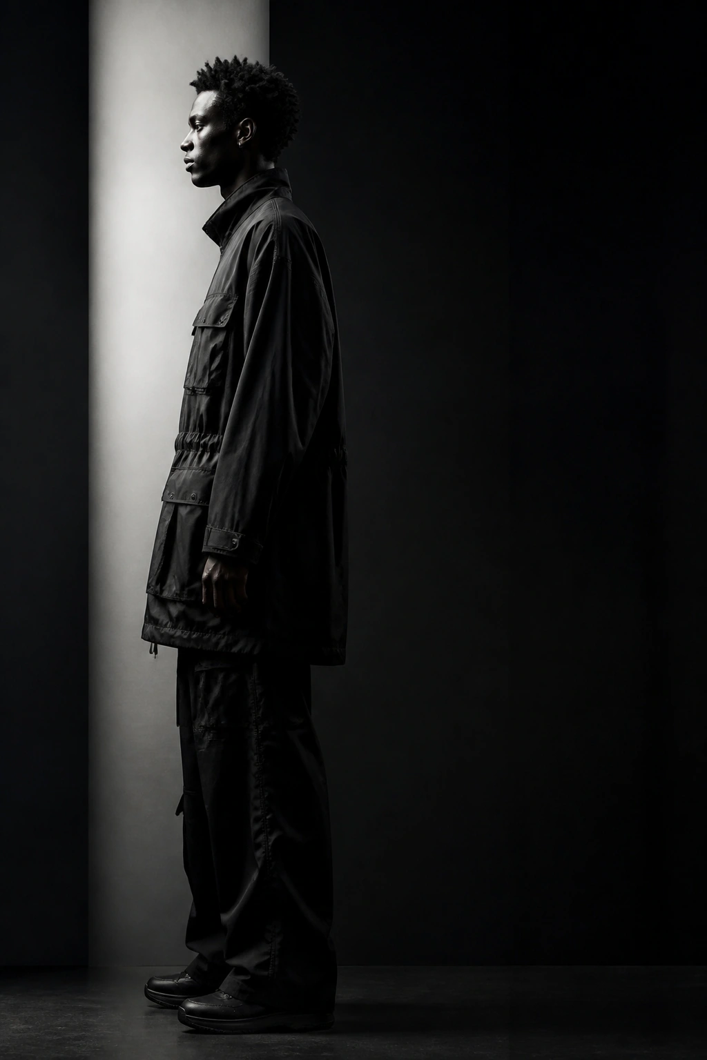 Profile portrait in a long black technical field coat